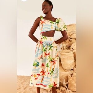 Farm Rio Copacabana asymmetric sleeve side cutout linen blend dress